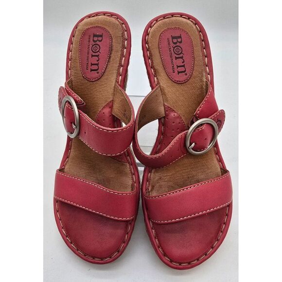 Born Womens Red Leather Strappy Wedge Sandals With Braided Espadrille Heel & Adj - Picture 1 of 12